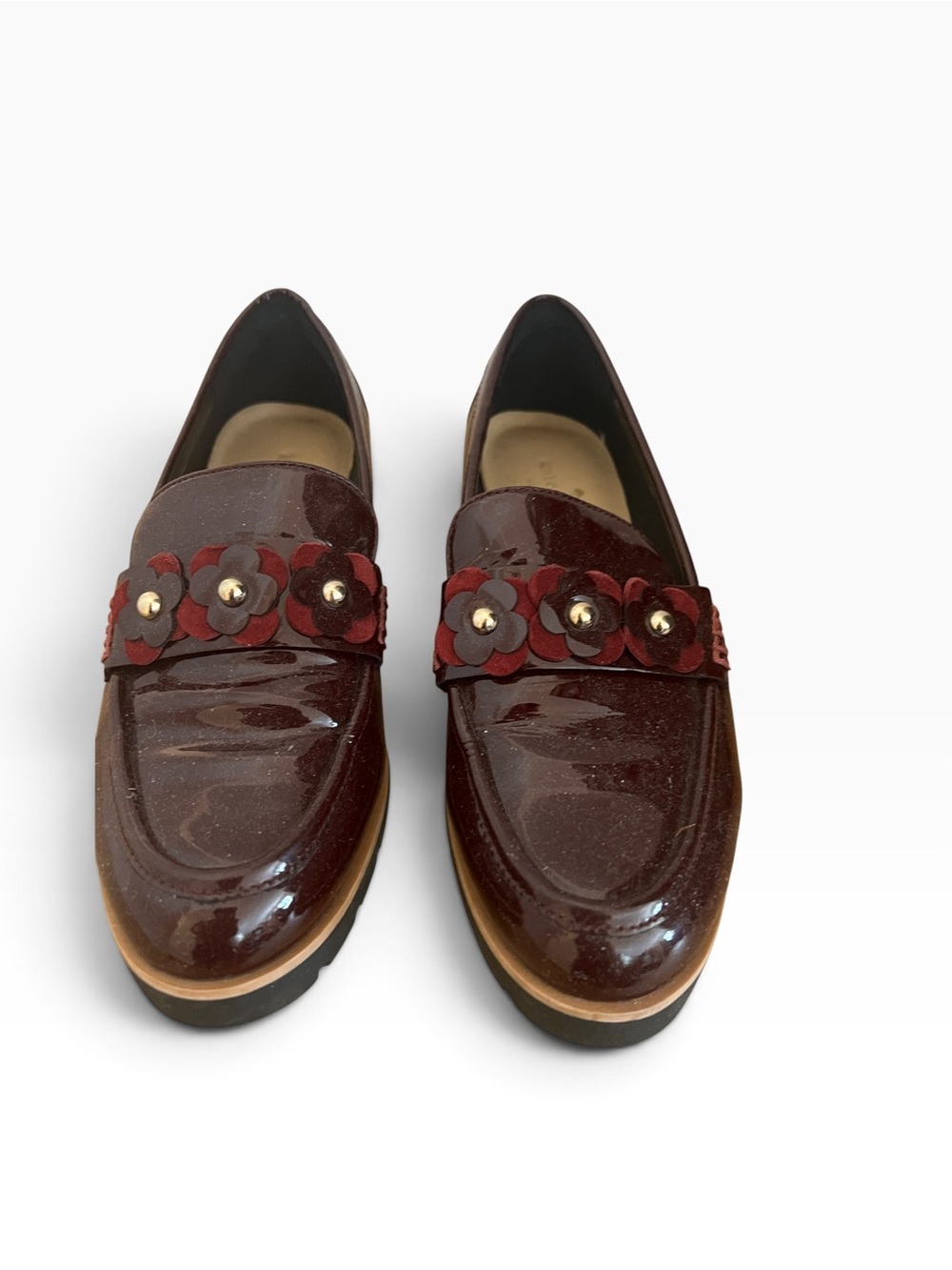 NWOB kate spade Karisa Burgundy Patent Leather Floral Lug Loafers 7.5